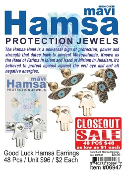 Good Luck Hamsa Earrings 48 Pcs. - Closeout