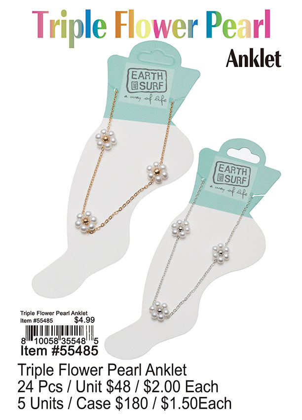 Triple Flower Pearl Anklets 24 Pcs.