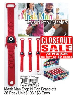 Mask Man Stop N Pop Bracelets - Closeout 72 Pcs.