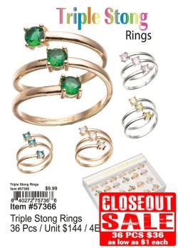 Triple Stone Rings 36 Pcs. - Closeout