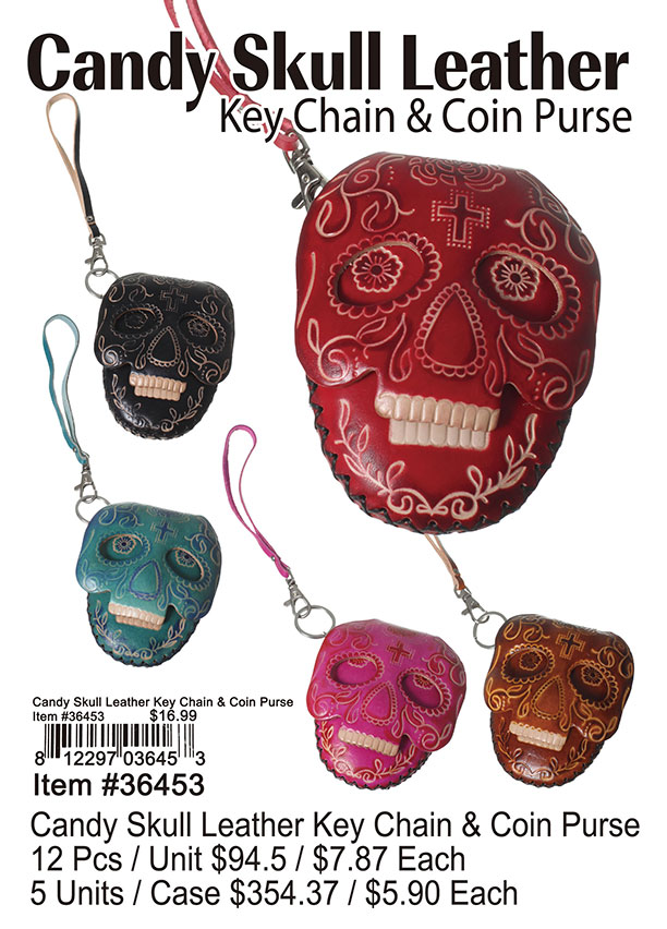 Candy Skull Leather Keychain and Coin Purse