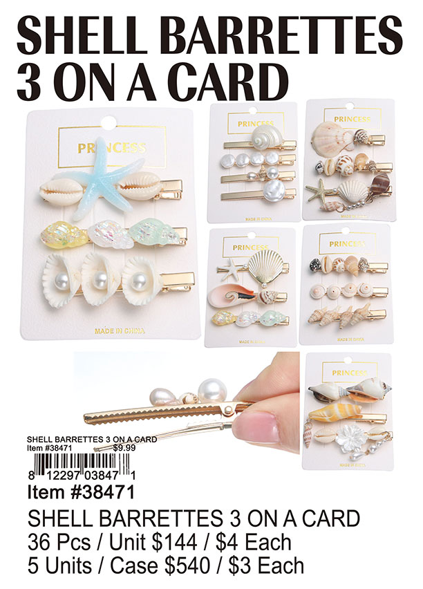 Shell Barrettes 3-on-card