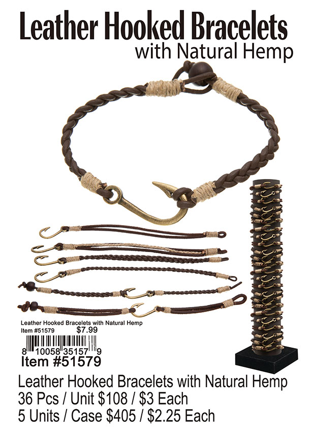 Leather Hooked Bracelets with Natural Hemp